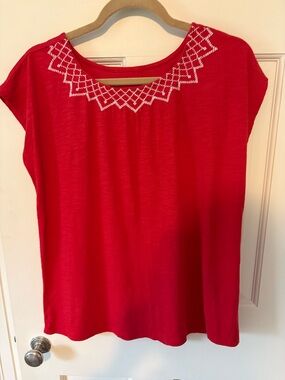Talbots Red Short-Sleeve Embroidered Neck Tunic